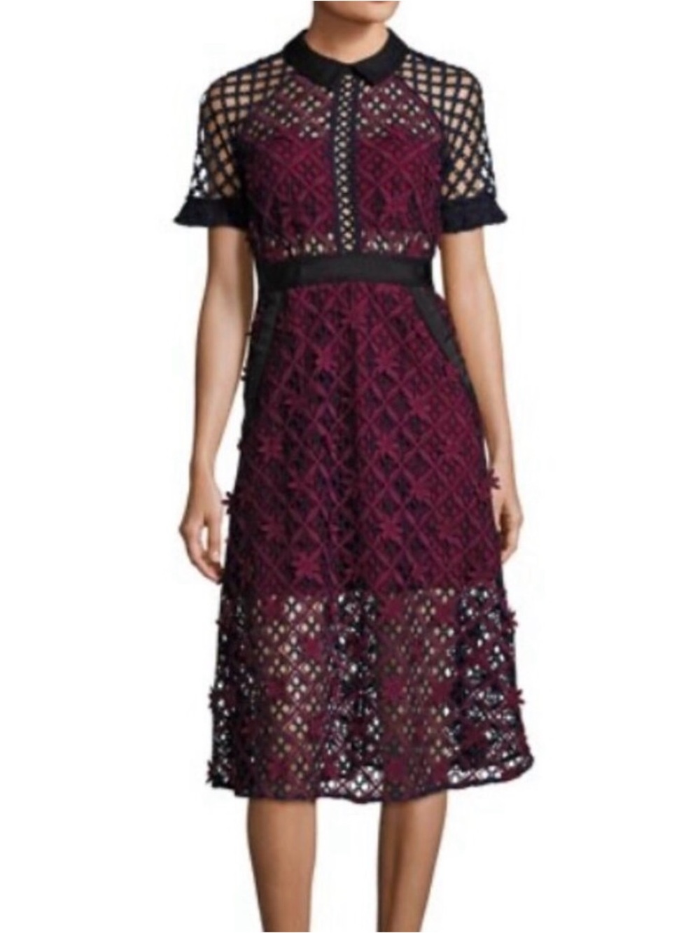Self-Portrait Burgundy Lace Midi Dress with Black Trim